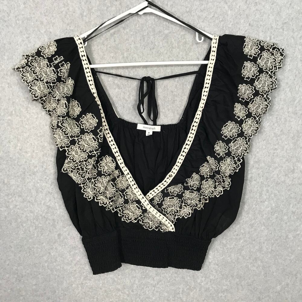 Boho Embroidered Black Crop Top with Cream Lace Trim